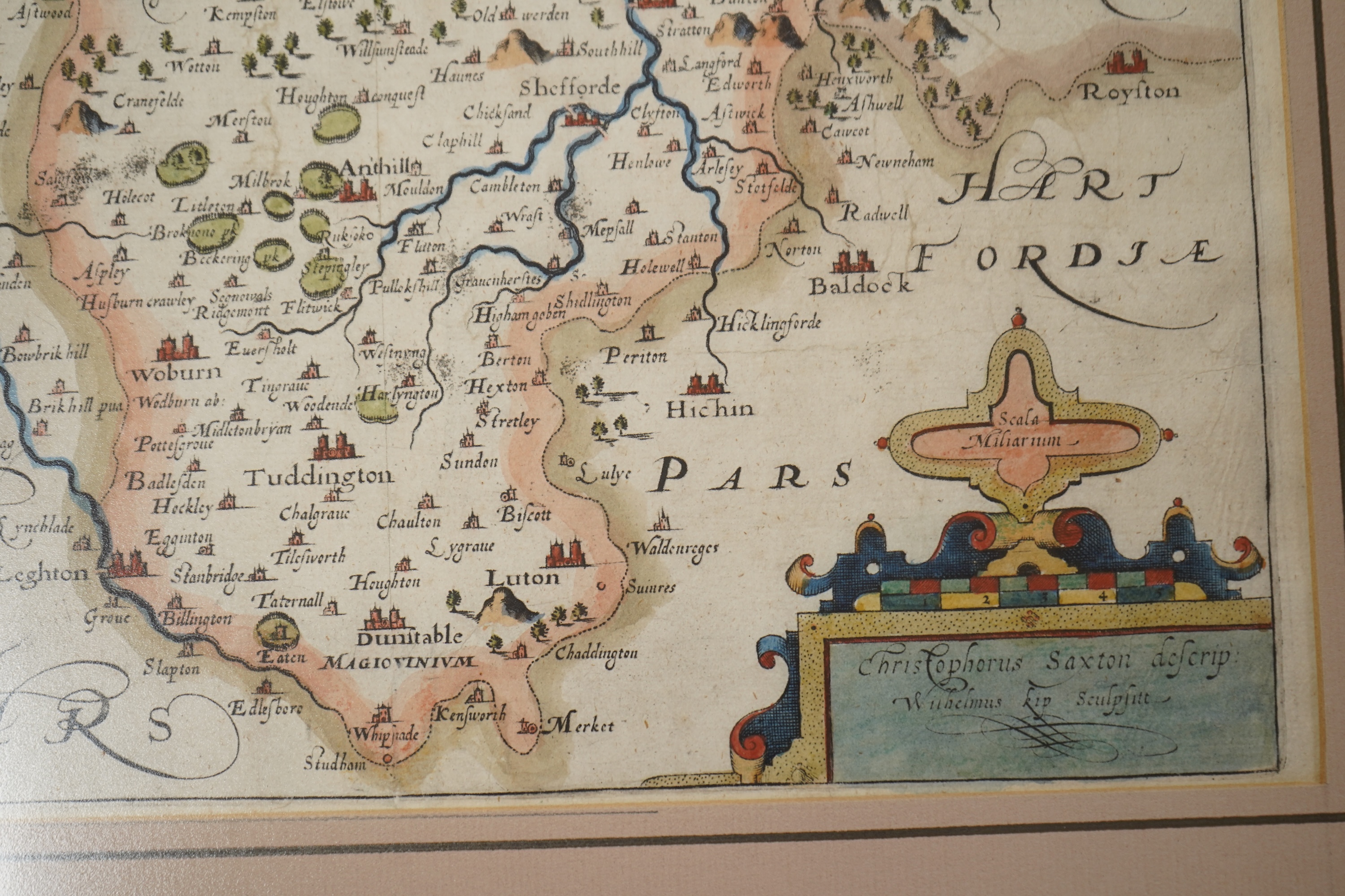 18th century, hand coloured engraved map of Bedford, 28 x 34cm